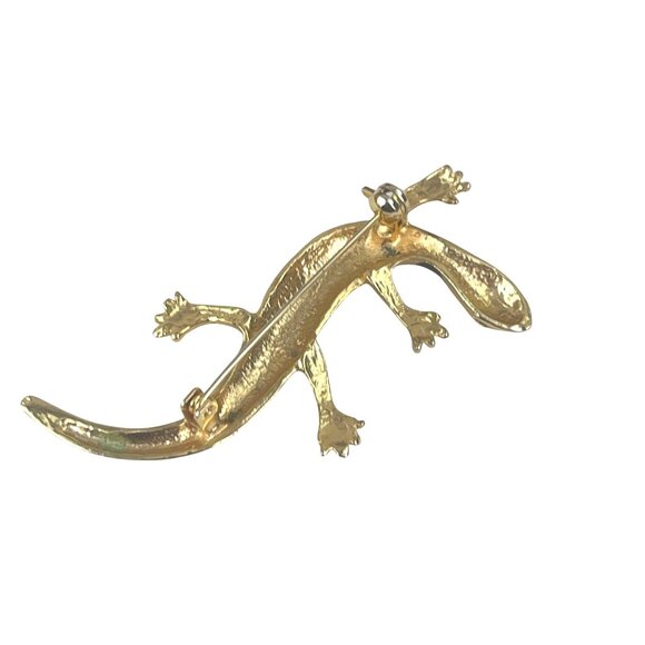 Gold-Tone Enamel Gecko Lizard Brooch Pin With Crystal Eyes - Picture 3 of 8